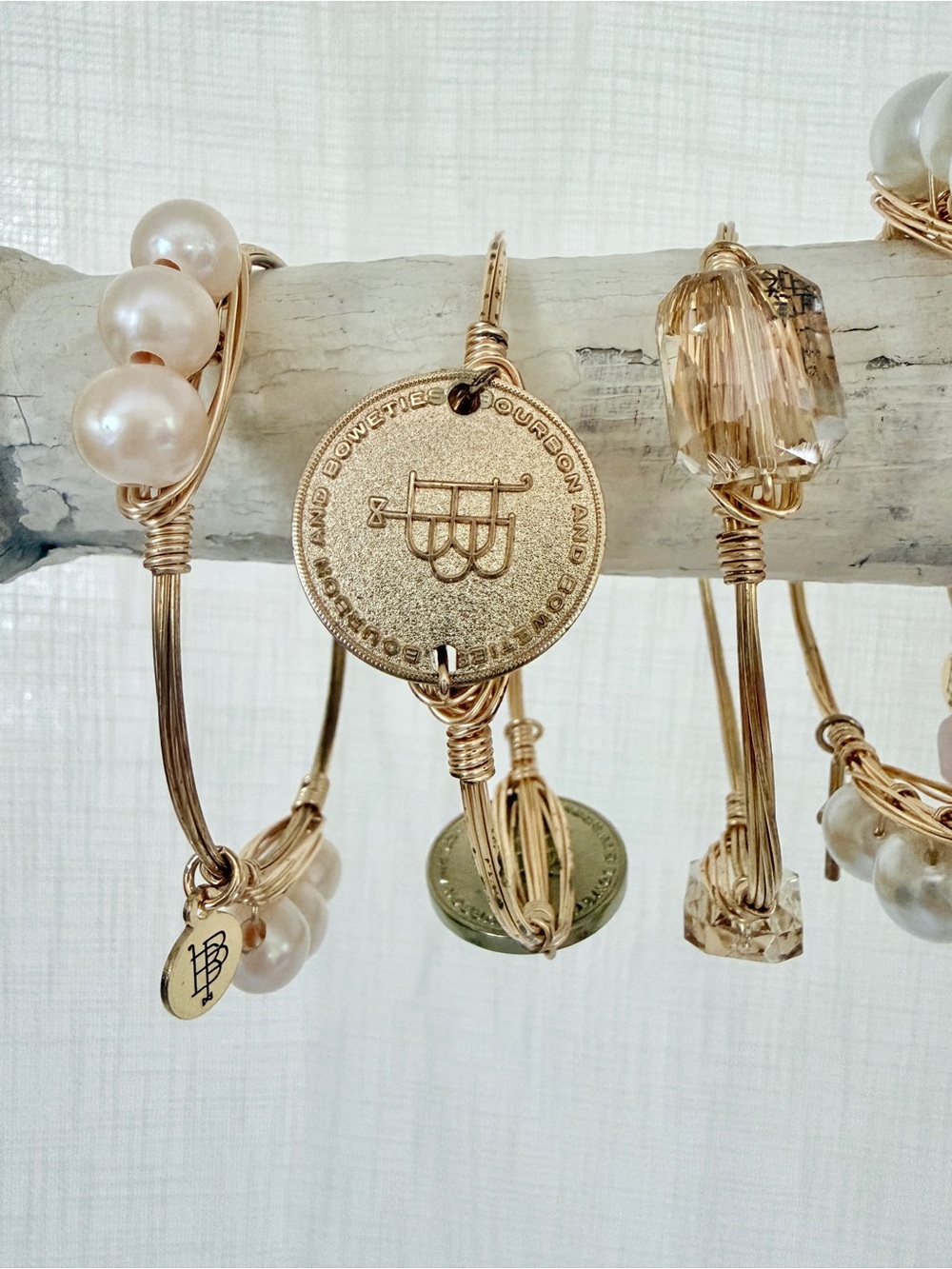 5-Pc Bourbon & Bowties Bracelet Set • Signature Coin, RoseQuartz, Pearl, Crystal - Picture 4 of 8